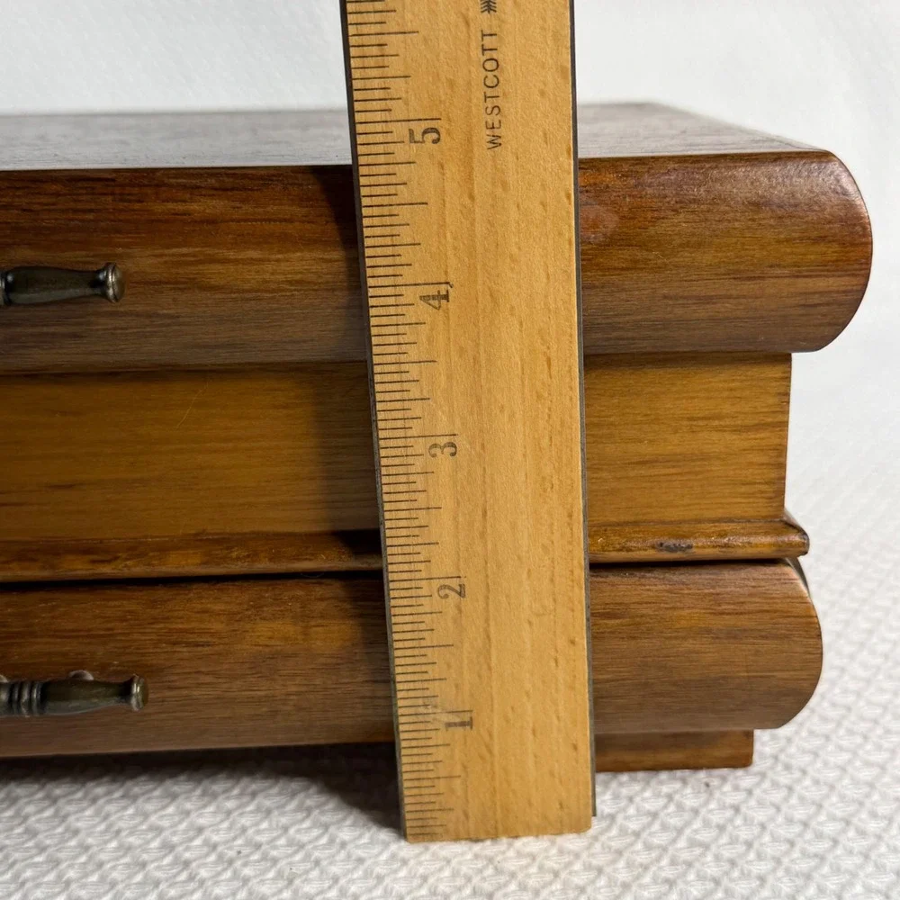 London Leather VTG Wooden Musical Jewelry Box Mirror Drawer Mid-Century WORKS